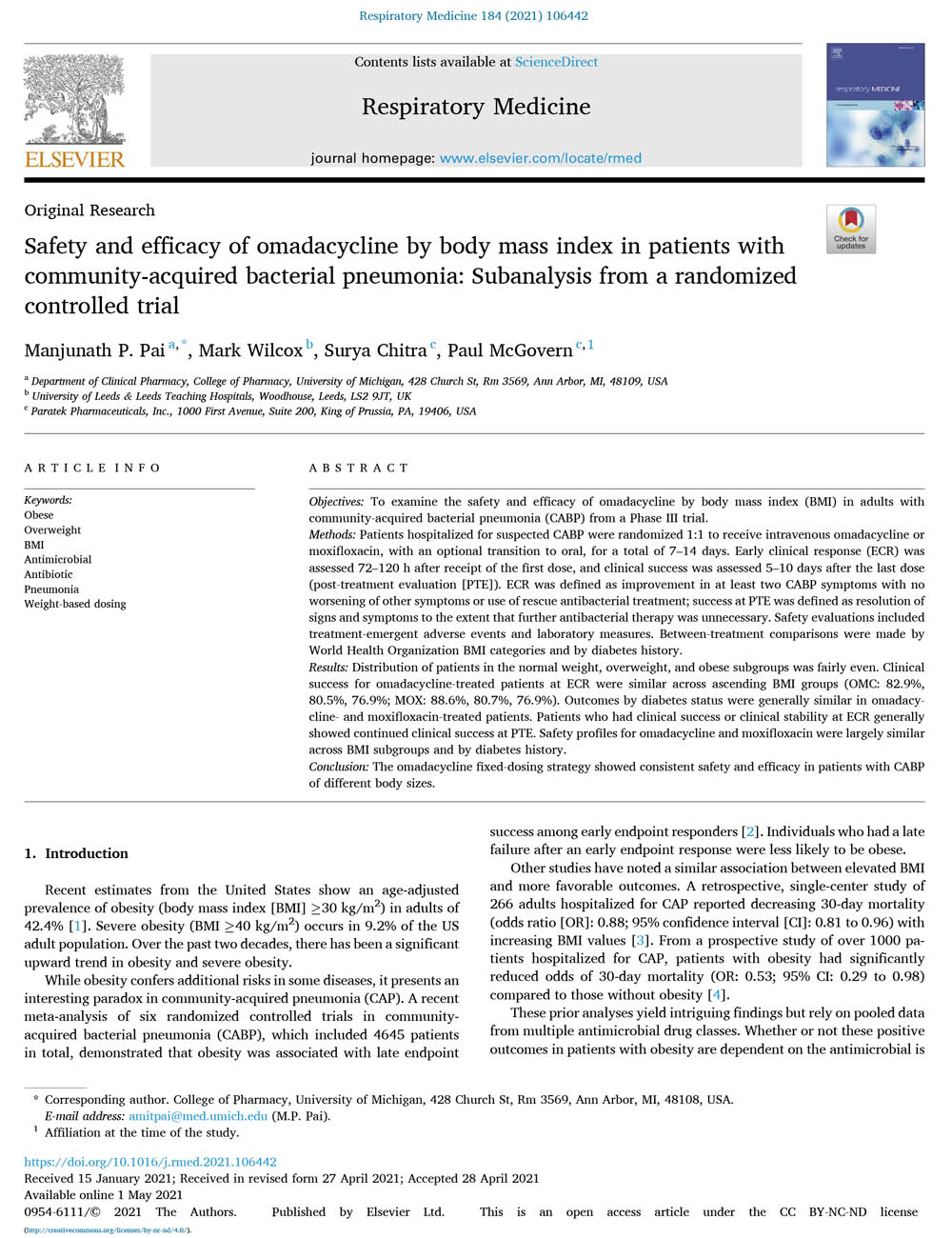 Safety And Efficacy Of Omadacycline By Body Mass Index In Patien
