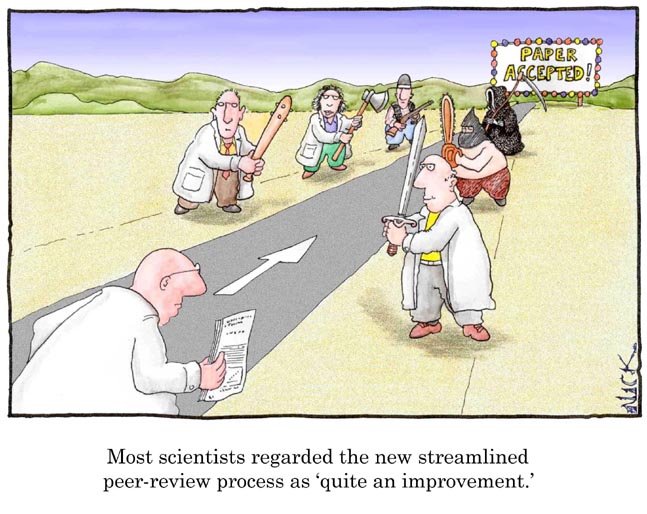 Cartoon depicting peer review as a series of physical beatings.